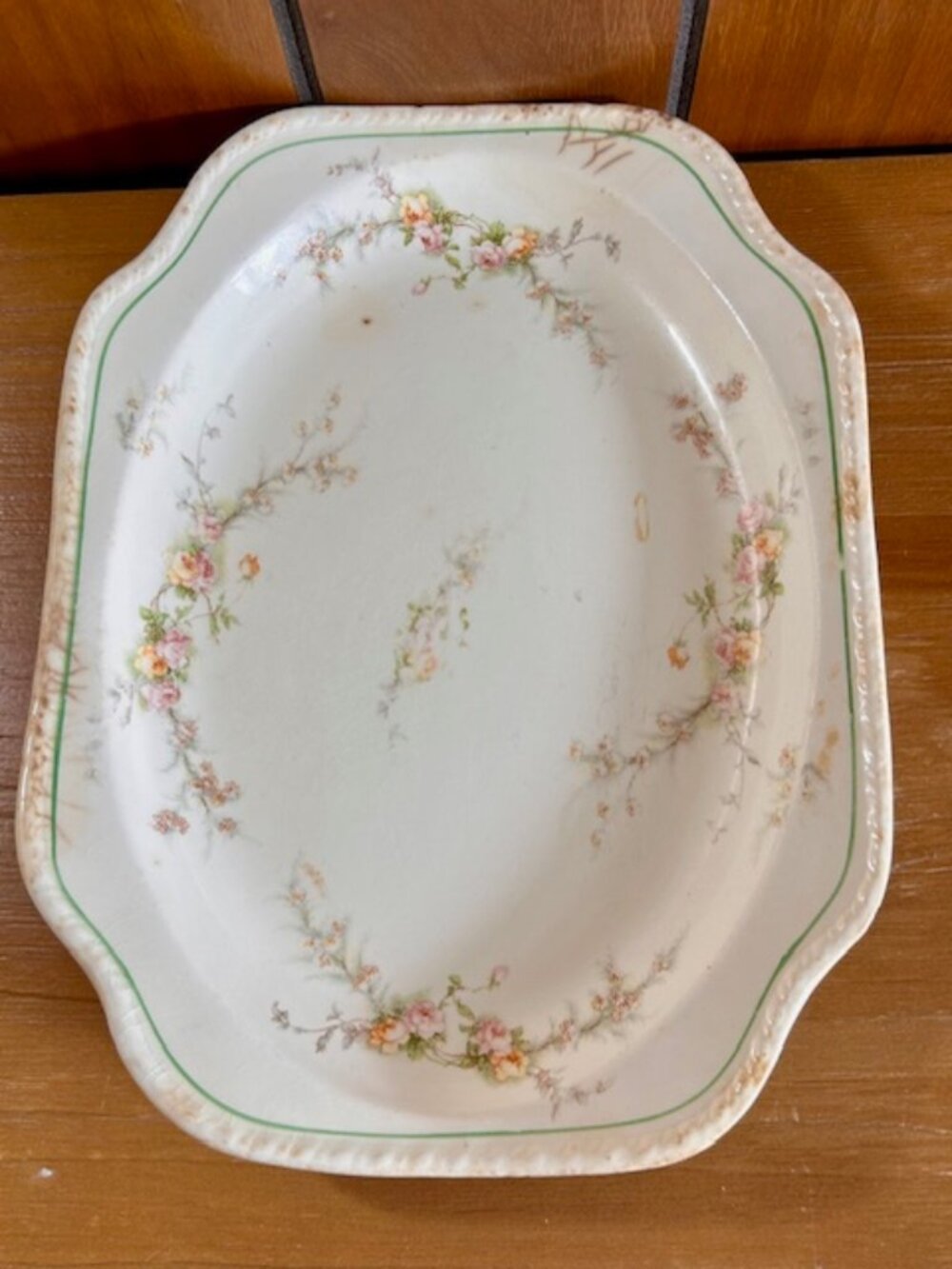 Harker Pottery Co. 1840 Green Verge Line Pink Rose Chintz Serving Platter - GUC